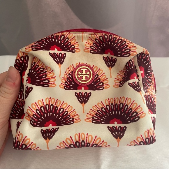 TORY BURCH SMALL FLORAL COSMETIC MAKEUP TOILETRY CASE BAG CREAM PLUM MAGENTA - Picture 1 of 10